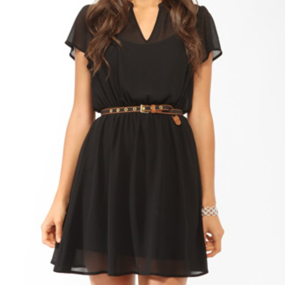 V neck lace shoulder ruffle sleeve sheer chiffon mini dress Black